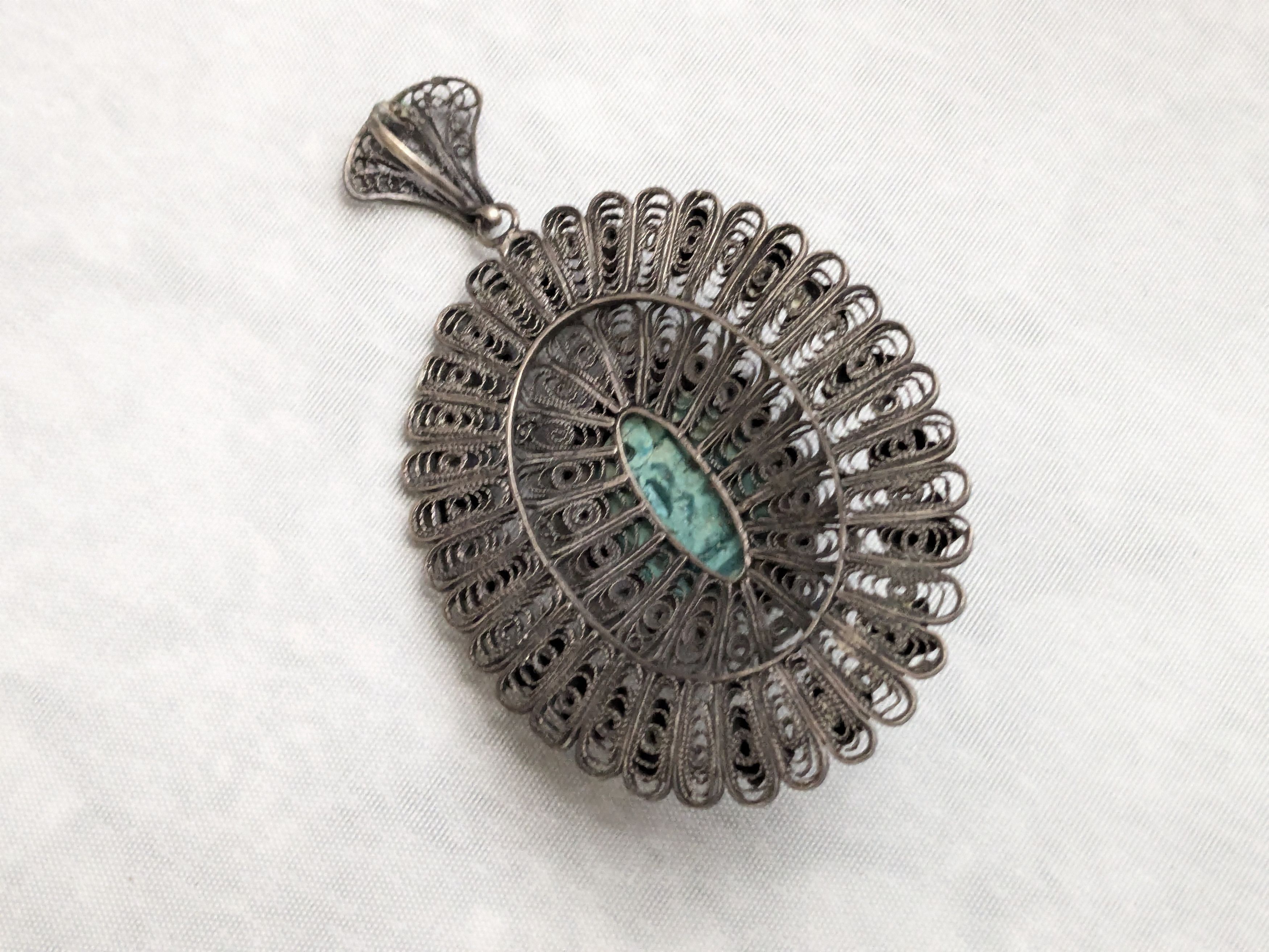 Jewelry Egyptian Silver Scarab Pendant Filigree Faience Blue Oval Size ONE SIZE - 8 Thumbnail