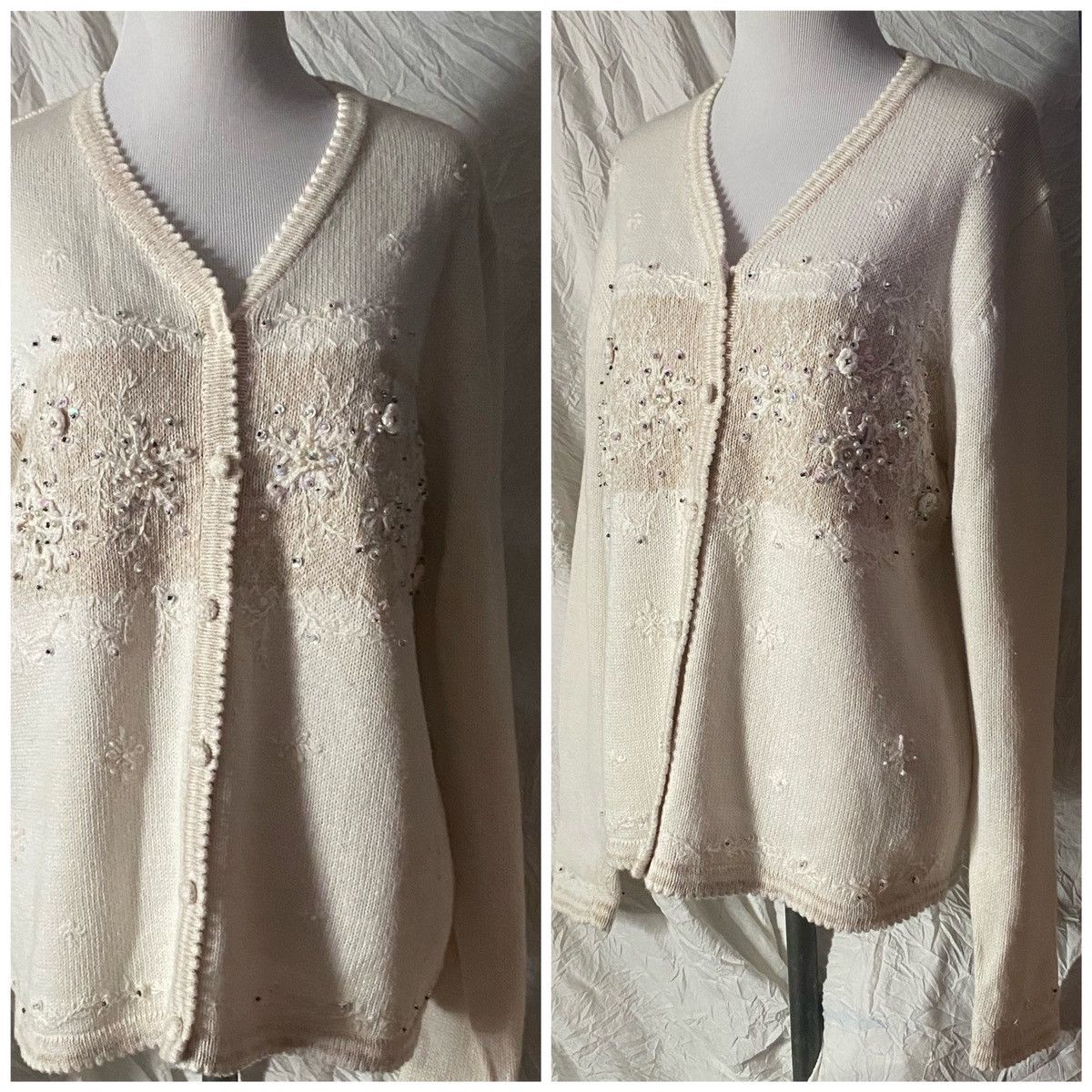 Vintage, Beige, Snowflake Embroidered, Button Down Sweater