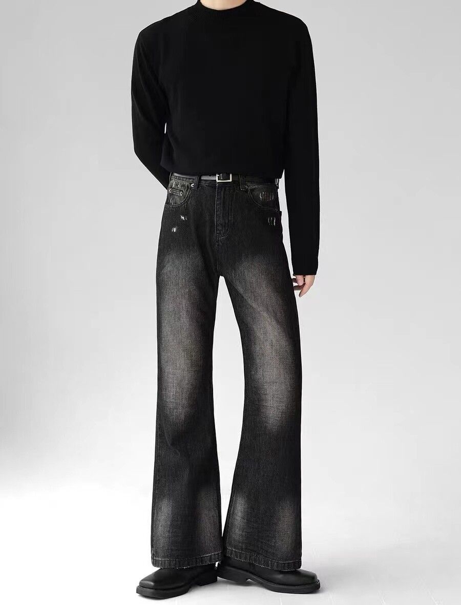 image of Jean Smoky Gray Distressed Micro-Flared Denim Trousers in Black Gray, Men's (Size 32)