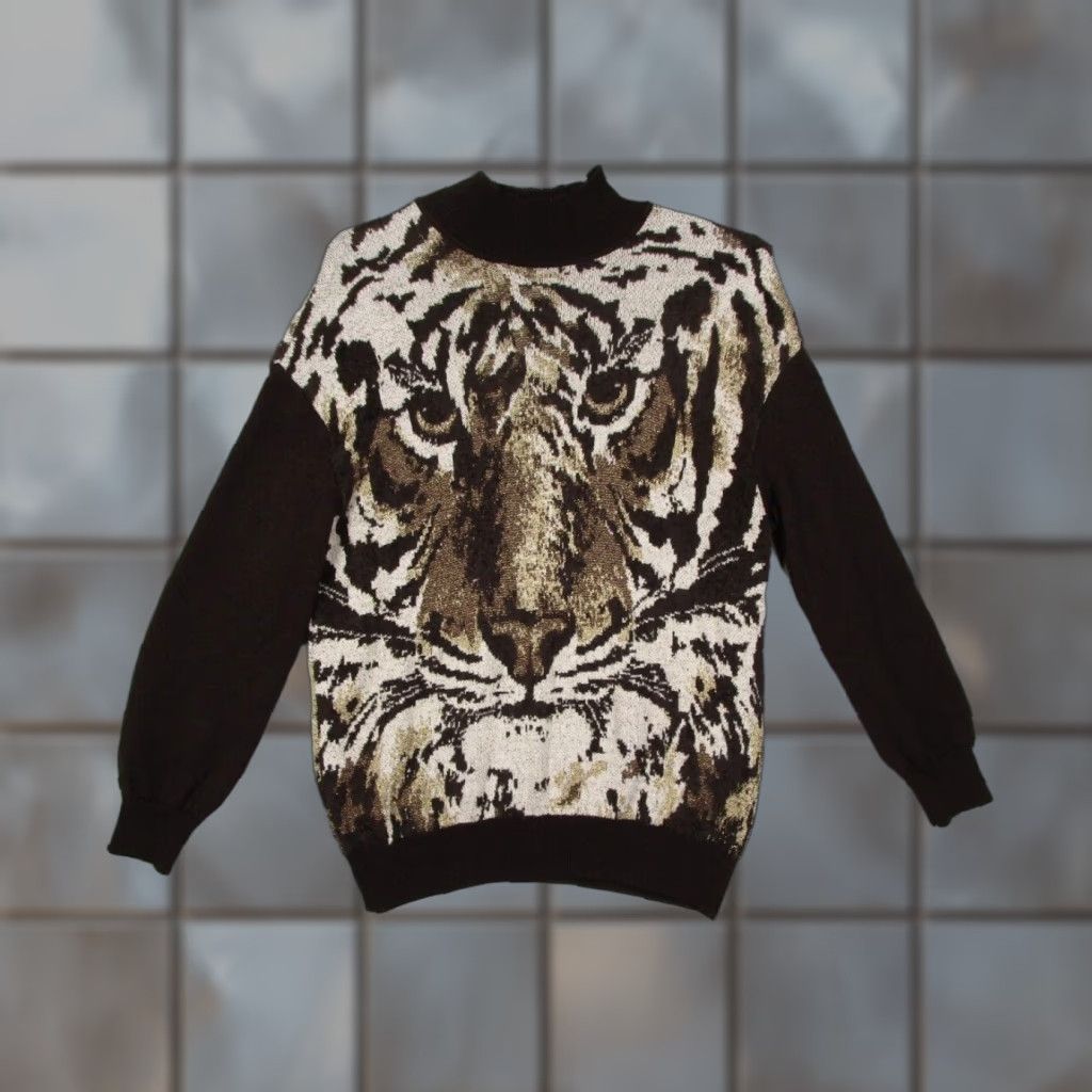 VINTAGE St John Collection Marie Gray Sweater Women Small Brown AOP Tiger 90s