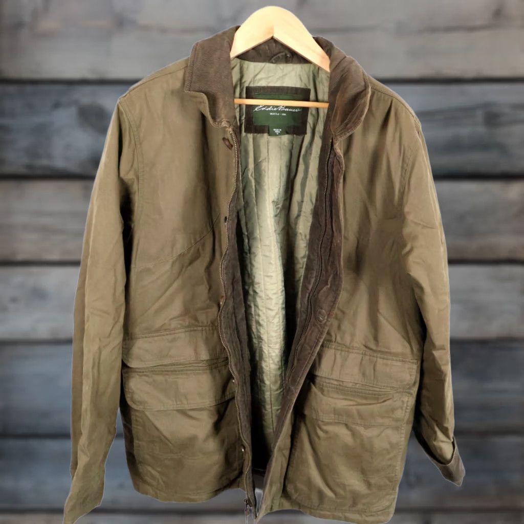 Eddie Bauer Eddie Bauer Barn Jacket Men XL Green Full Zip Corduroy Trim Lining Quilted Nylon Pockets Side Zip Front Button Overlay military jacket style Size US XL / EU 56 / 4 - 1 Thumbnail