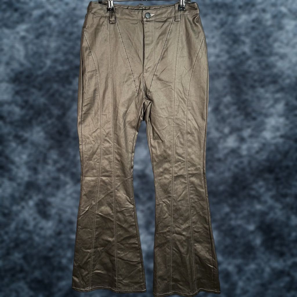 Fashion Nova NWT Fashion Nova Faux Leather Flare Moto Pants Bronze Bottoms M Brown Womens Flared Pants 28in Waist Inseam 32in Zipper Leather Style Chino Shoes? Size 32" / US 10 / IT 46 - 1 Thumbnail