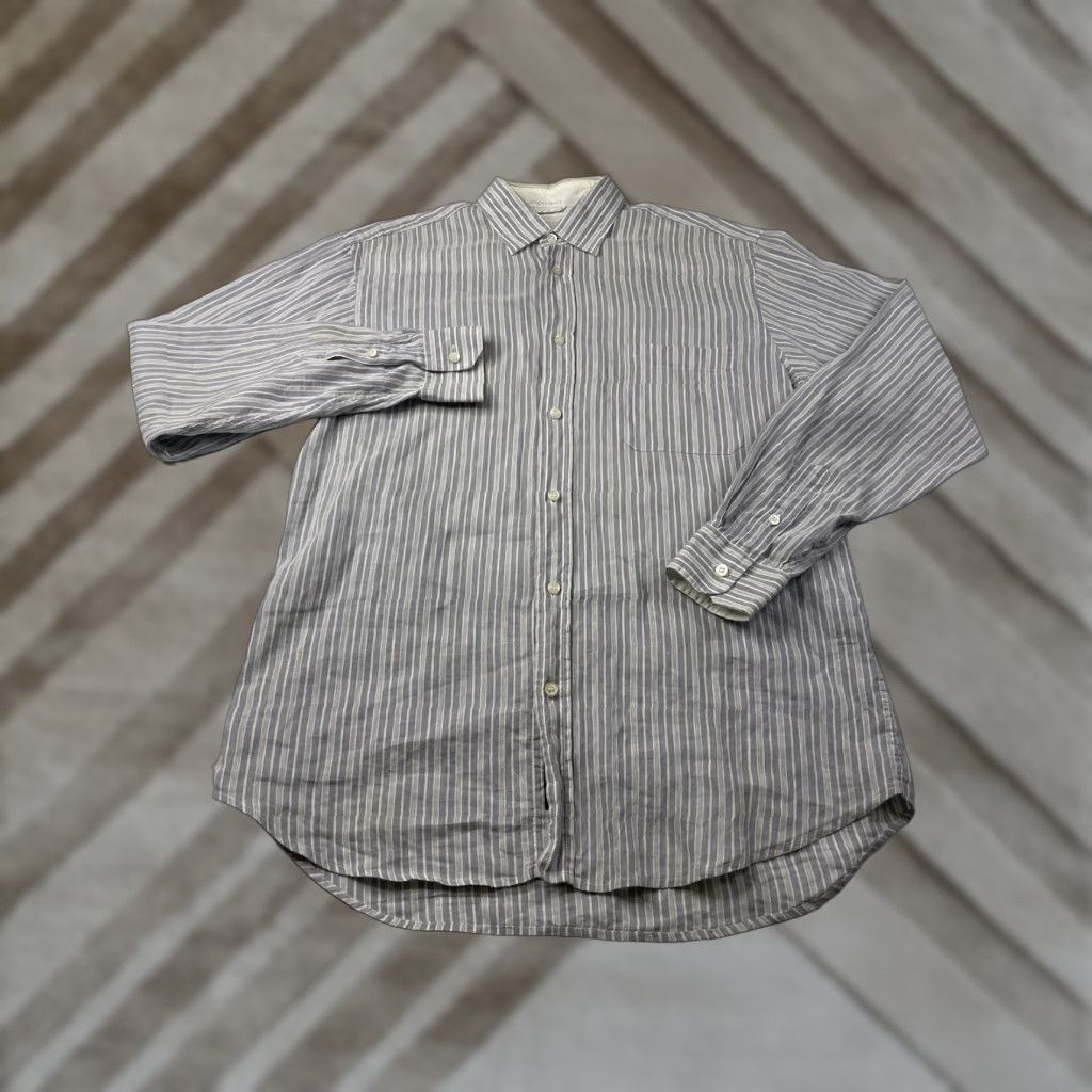 Ermenegildo Zegna VINTAGE Ermenegildo Zegna Mens Button-Down Long Sleeve Shirt Linen Cotton Blend Stripe Large Blue Size US L / EU 52-54 / 3 - 1 Thumbnail
