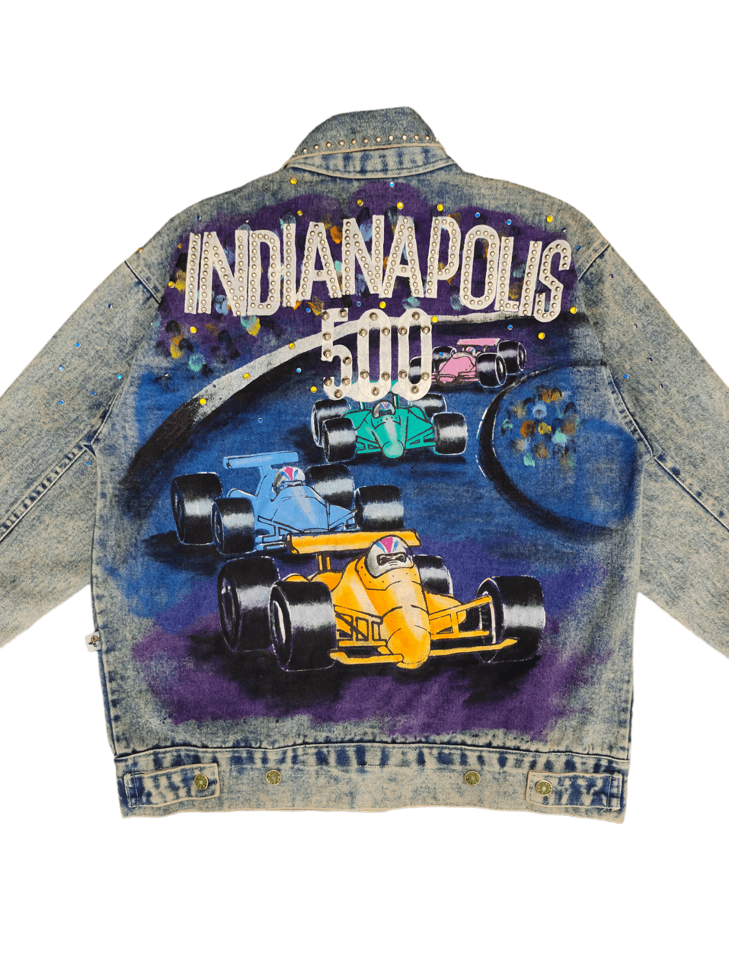 Vintage 1990s Indianapolis 500 Studded Oversize Trucker Denim Jacket Size US M / EU 48-50 / 2 - 2 Thumbnail