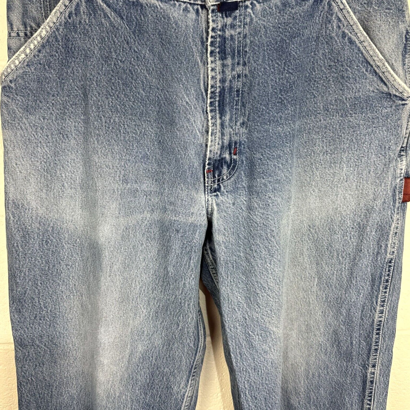 Vintage VINTAGE Cross Colours Crescent Green Wood Wide Leg Jeans 38x34 Medium Blue Denim 90s Mens Baggy Relaxed Hip Hop Logo 5-Pocket Distressed Jacket? Size US 38 / EU 54 - 6 Thumbnail