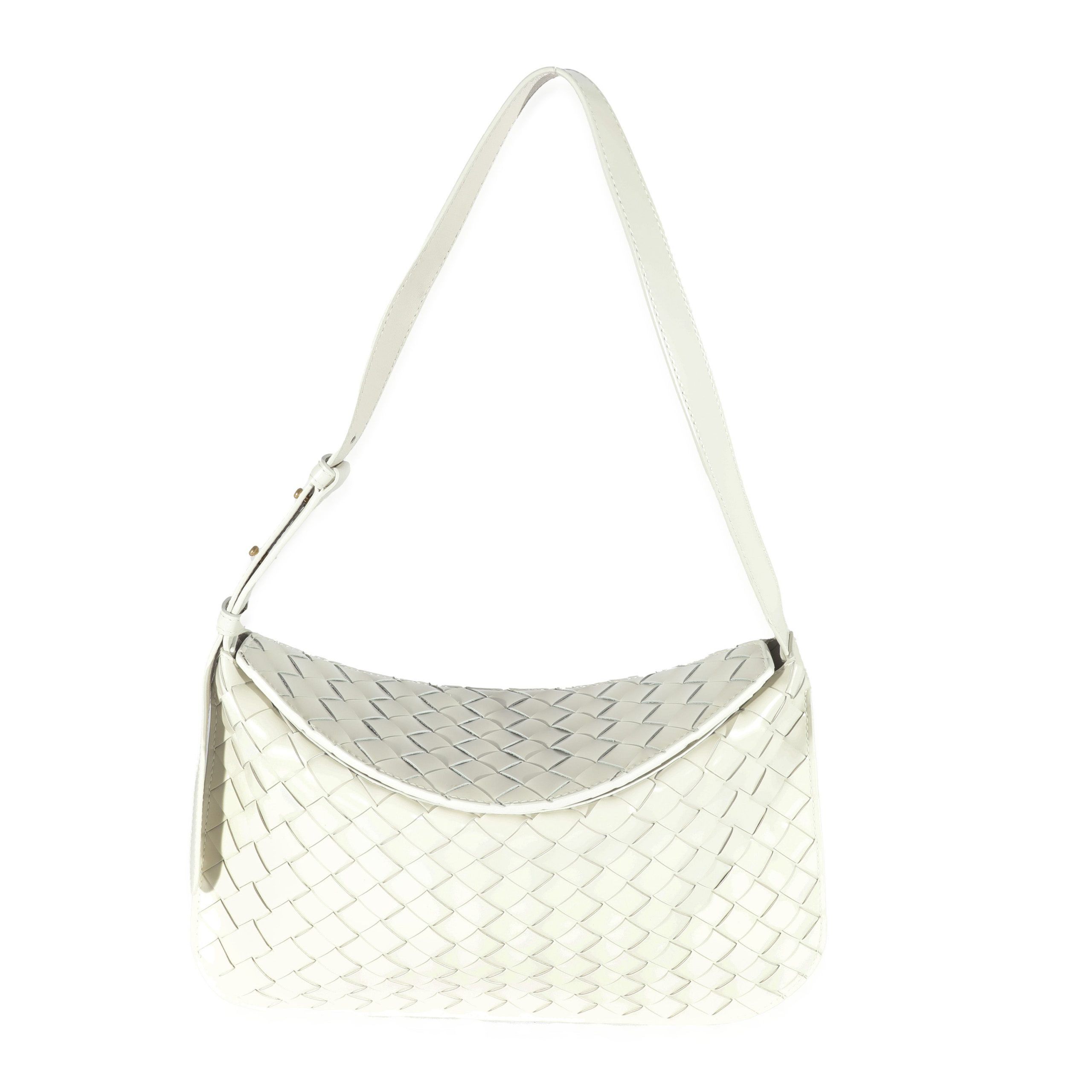 image of Bottega Veneta White Patent Intrecciato Shoulder Bag, Women's