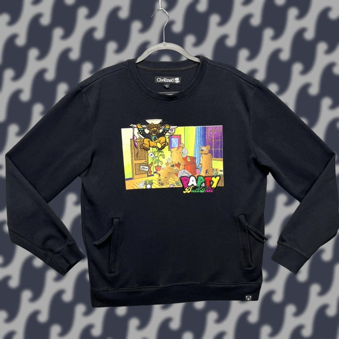 Vintage CivilizeD Sweatshirt Mens Large Black Bear Graphic Pockets Party & Bull#hit Size US L / EU 52-54 / 3 - 1 Thumbnail