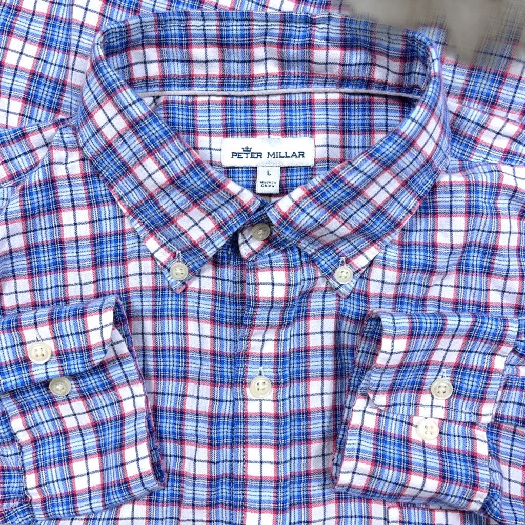 Peter Millar Peter Millar Button-Up Shirt Men Large Blue Red Plaid Windowpane Dress Casual Button-Front Collar Down Sleeves Long Sleeve Knit Cotton Flannel Size US L / EU 52-54 / 3 - 1 Thumbnail