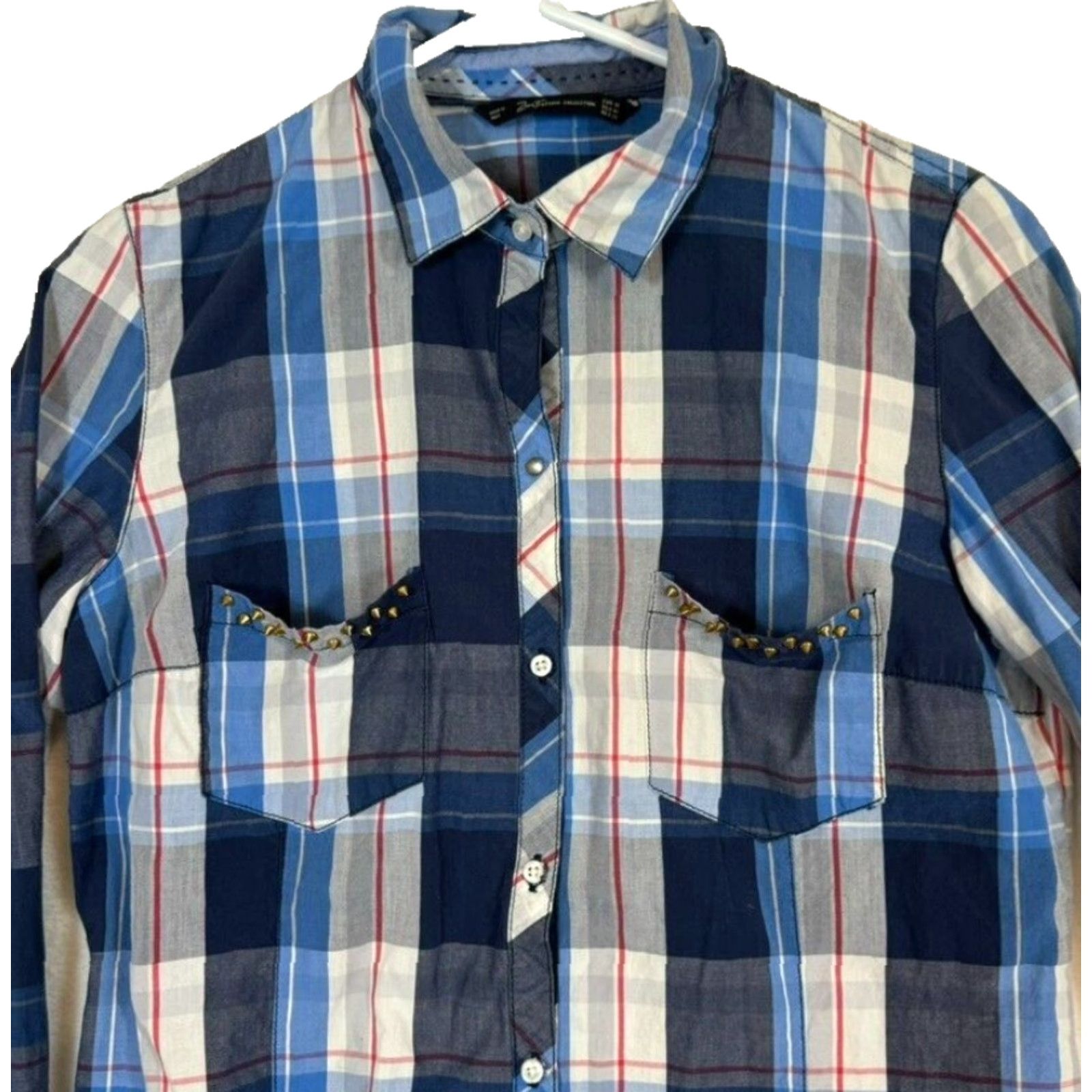 Zara VINTAGE Zara Trafaluc Shirt Womens M Plaid Spiked Pockets 100% Cotton Grunge Blue Safe? Size M / US 6-8 / IT 42-44 - 5 Thumbnail