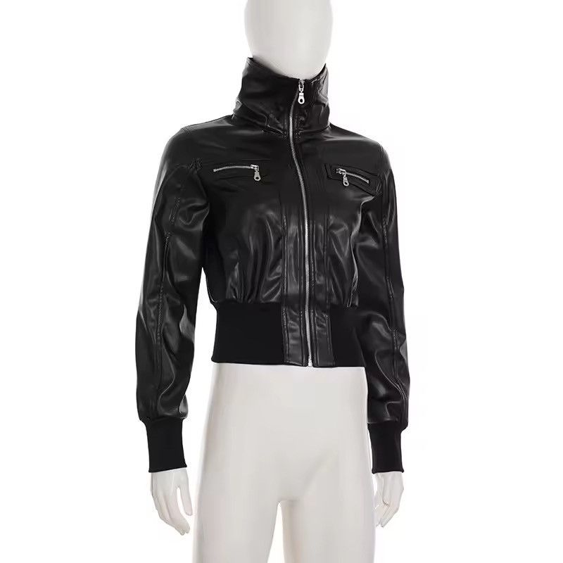 Japanese Brand Y2K Black PU Leather Bomber Jacket - Cropped Tight Fit Size M / US 6-8 / IT 42-44 - 6 Thumbnail