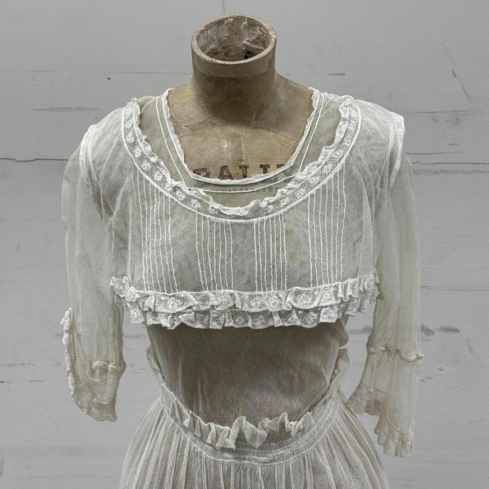 Other Edwardian Vtg 1910s White Lace Tulle Lingerie Dress Antique Size XS / US 0-2 / IT 36-38 - 3 Thumbnail