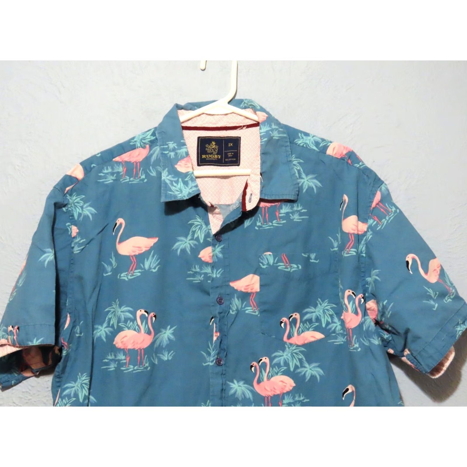 Vintage Rugby University Button-Up Shirt XL Adult Men Pink Flamingo Hawaiian Camp Casual Short Sleeve Blue 100% Cotton Button-Down Collar Size US XL / EU 56 / 4 - 3 Thumbnail