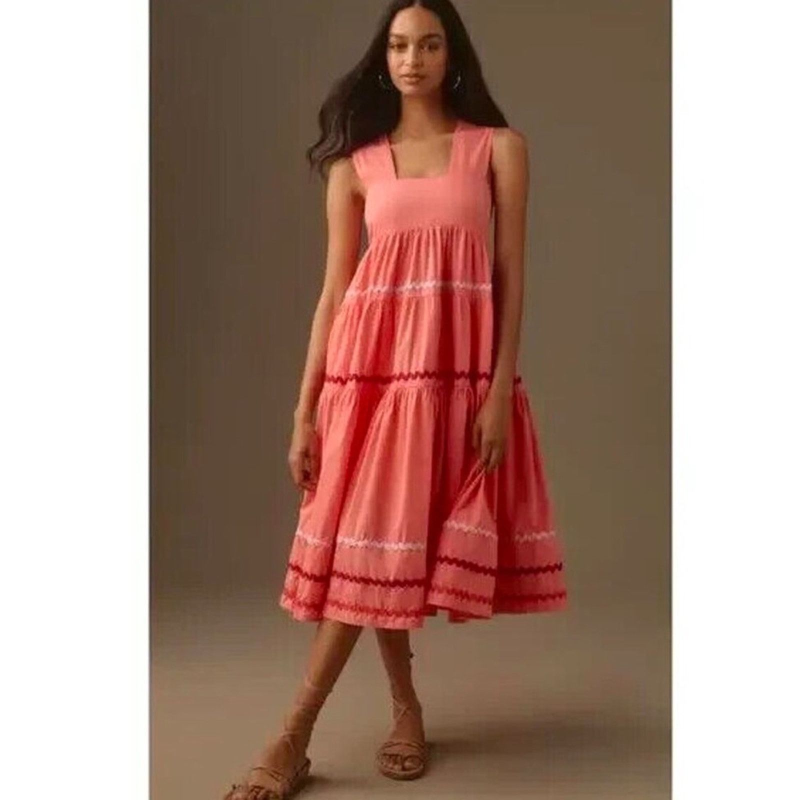 Anthropologie Anthropologie Helena Square Neck Tiered Coral Midi Dress Size S / US 4 / IT 40 - 1 Thumbnail