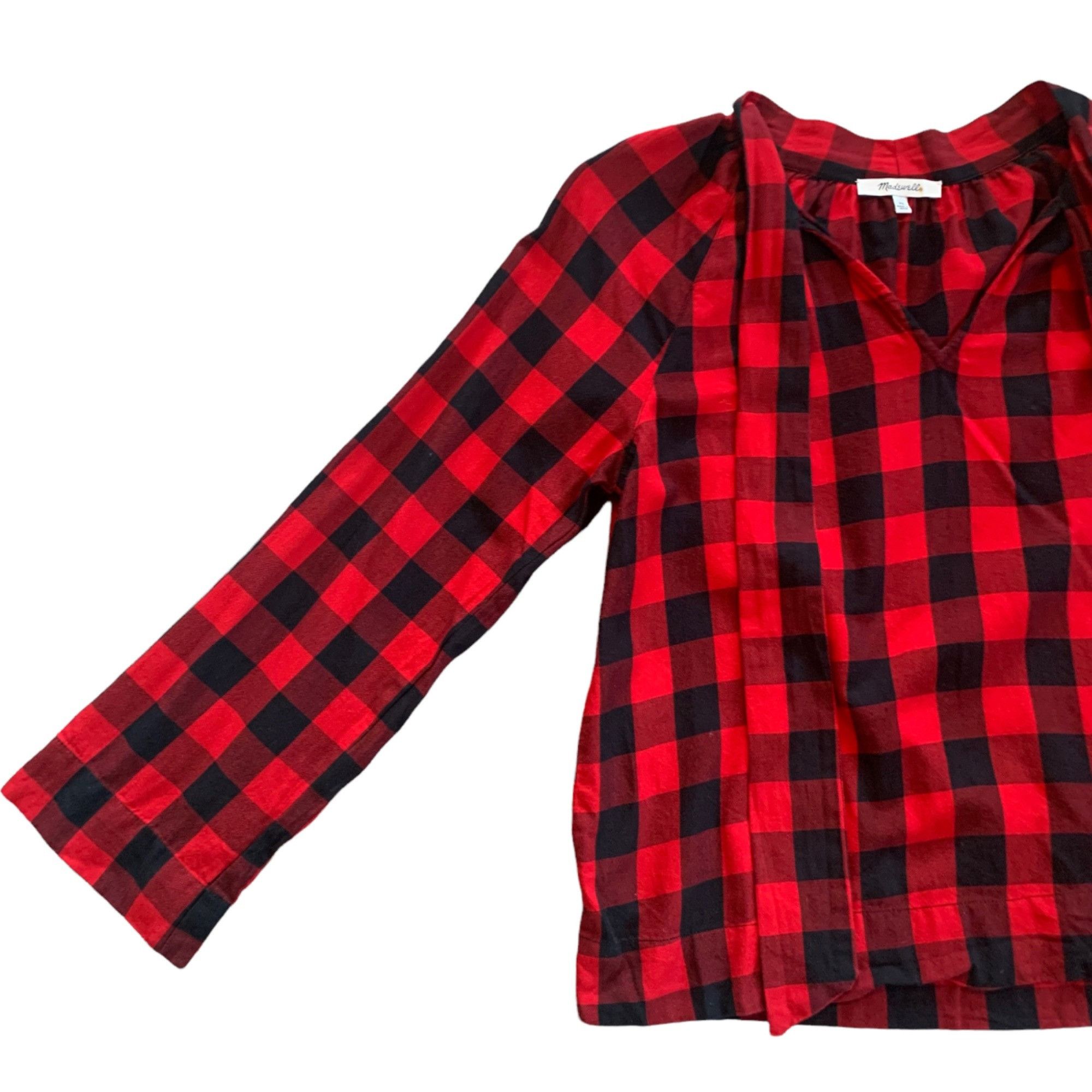 Madewell Madewell Buffalo Checked Tie Neck Red & Black Top XS Size XS / US 0-2 / IT 36-38 - 4 Thumbnail