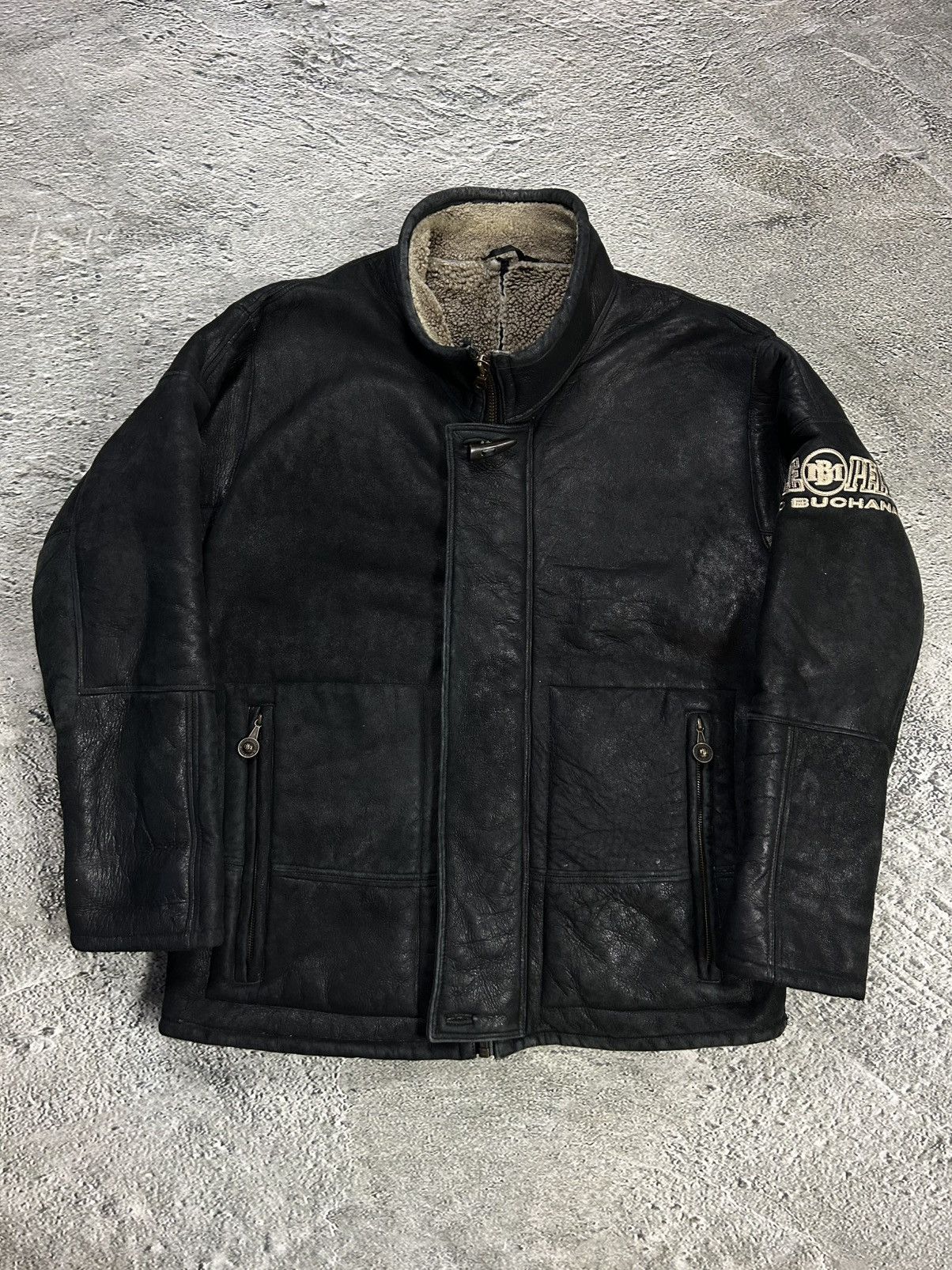Marc Buchanan Pelle Pelle leather jacket sherpa fur black big logo 90s Size US XL / EU 56 / 4 - 1 Thumbnail