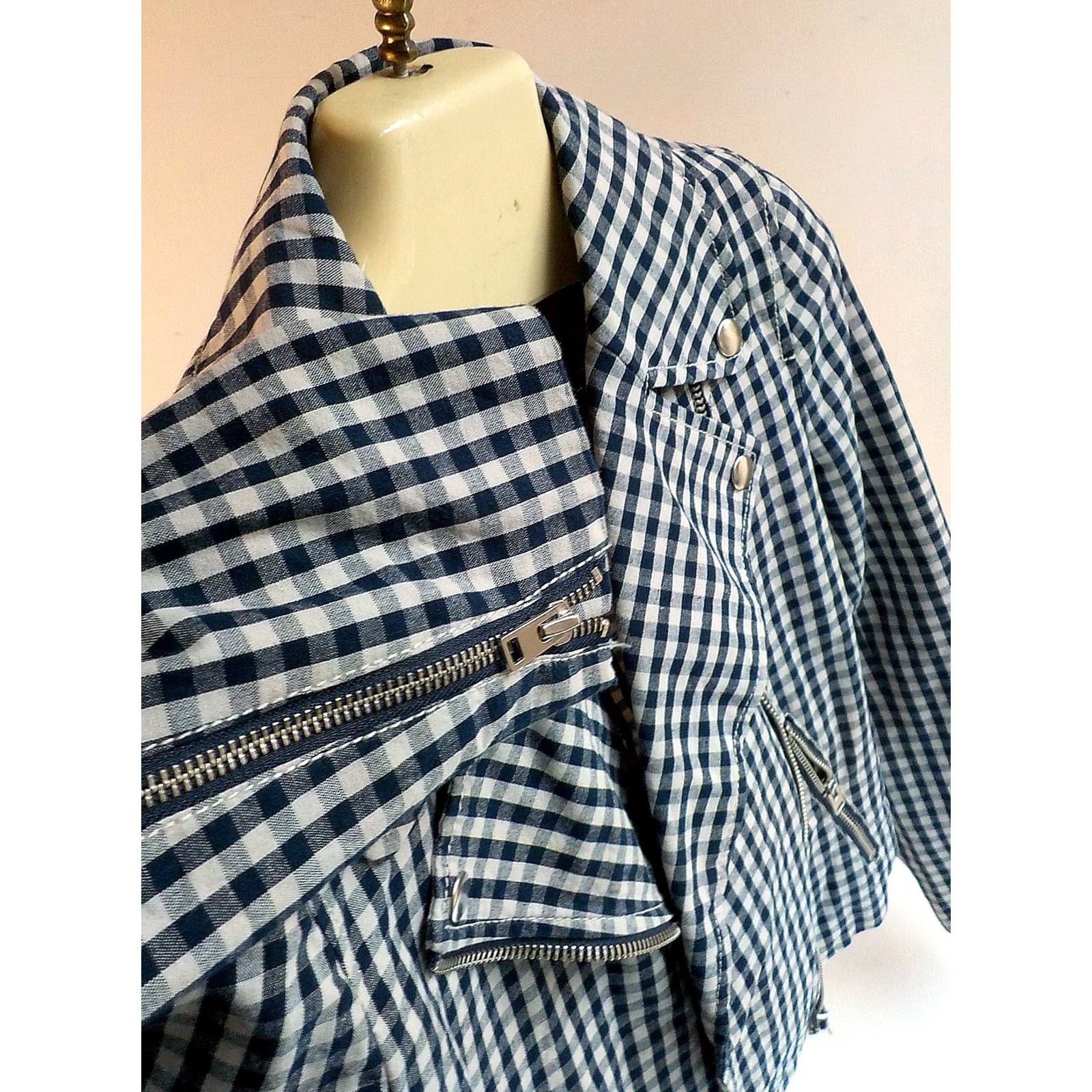 J.Crew J CREW Check Moto Style Jacket Asymmetrical Zip Blue/Ivory Cotton Blend SZ 4 Jacket Women Short 4 Blue Ivory Check Zippered Pockets Great Condition Size S / US 4 / IT 40 - 5 Thumbnail