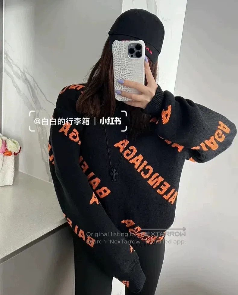 Balenciaga Balenciaga Black and orange logo round neck sweater Size US L / EU 52-54 / 3 - 8 Thumbnail