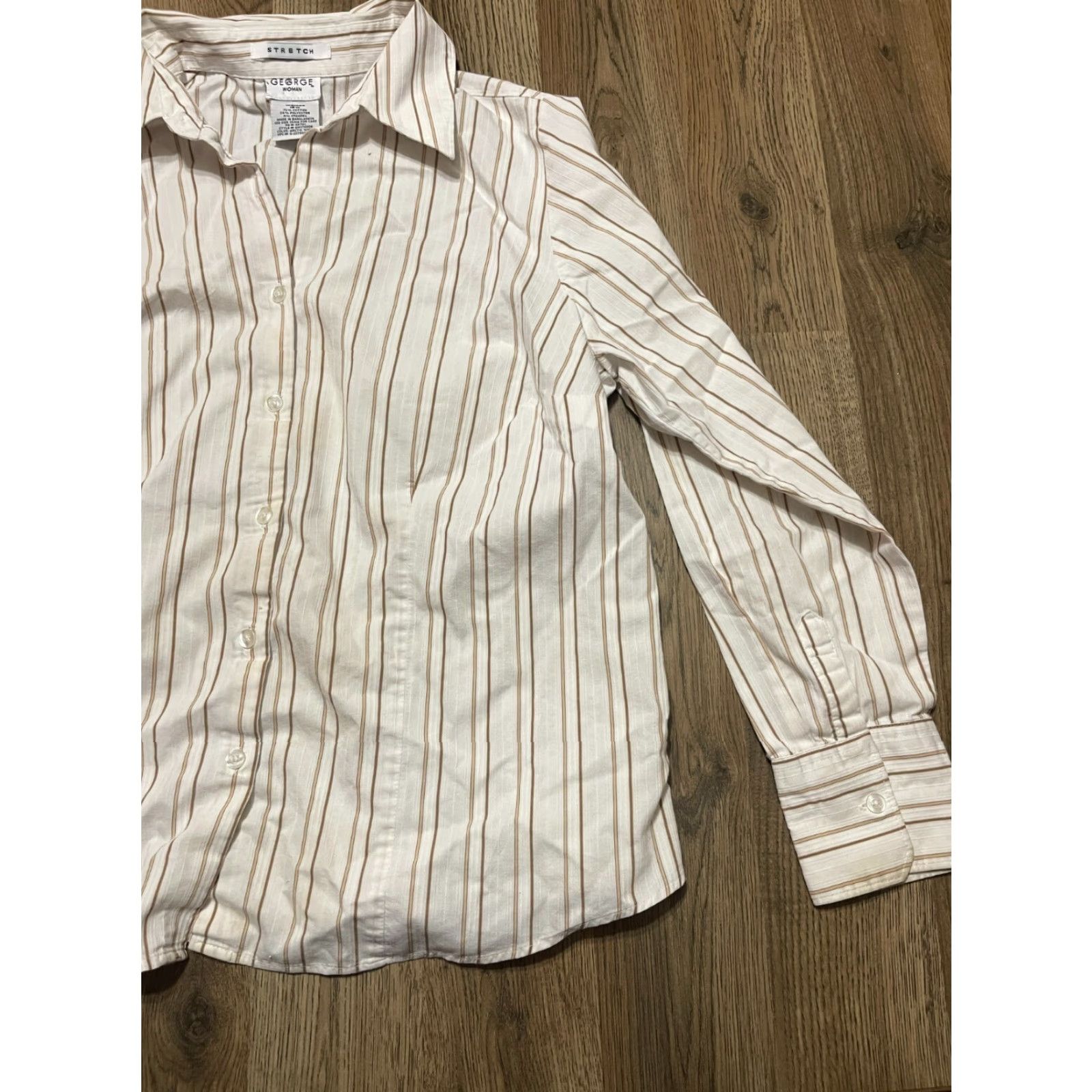 George George Shirt Women 16W White Brown Striped Button Up Stretch Casual Modern Long Sleeve Collared Size XXL / US 16-18 / IT 52-54 - 4 Thumbnail