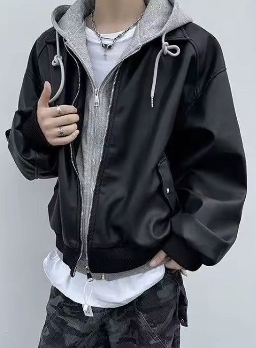 Japanese Brand Fake Two-Piece Double Zipper Leather Bomber - Black/Grey Size US XXL / EU 58 / 5 - 3 Thumbnail