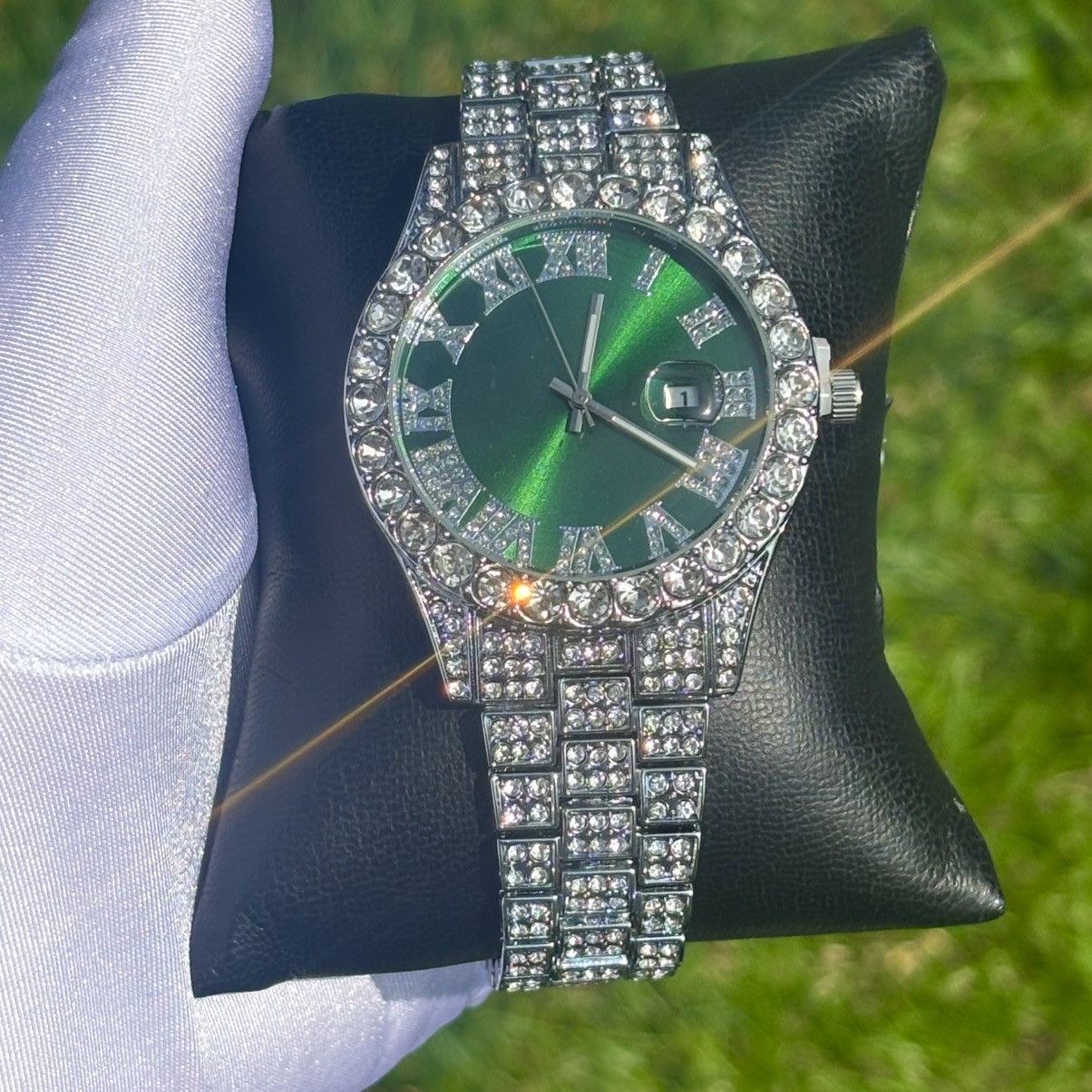 Other Iced Out Watch Presidential Style Green Face Size ONE SIZE - 2 Thumbnail