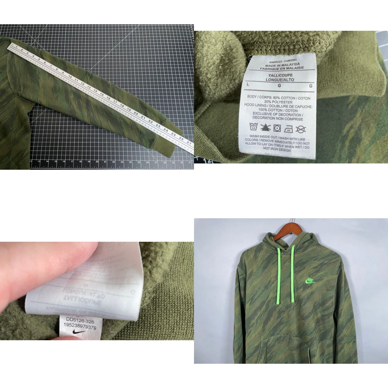 Nike Nike Club Fleece Hoodie Men's Large Green Camouflage Sweatshirt Pullover Sweatshirt Camouflage Logo Pockets Heavyweight Retro Fall Winter Size US L / EU 52-54 / 3 - 8 Thumbnail