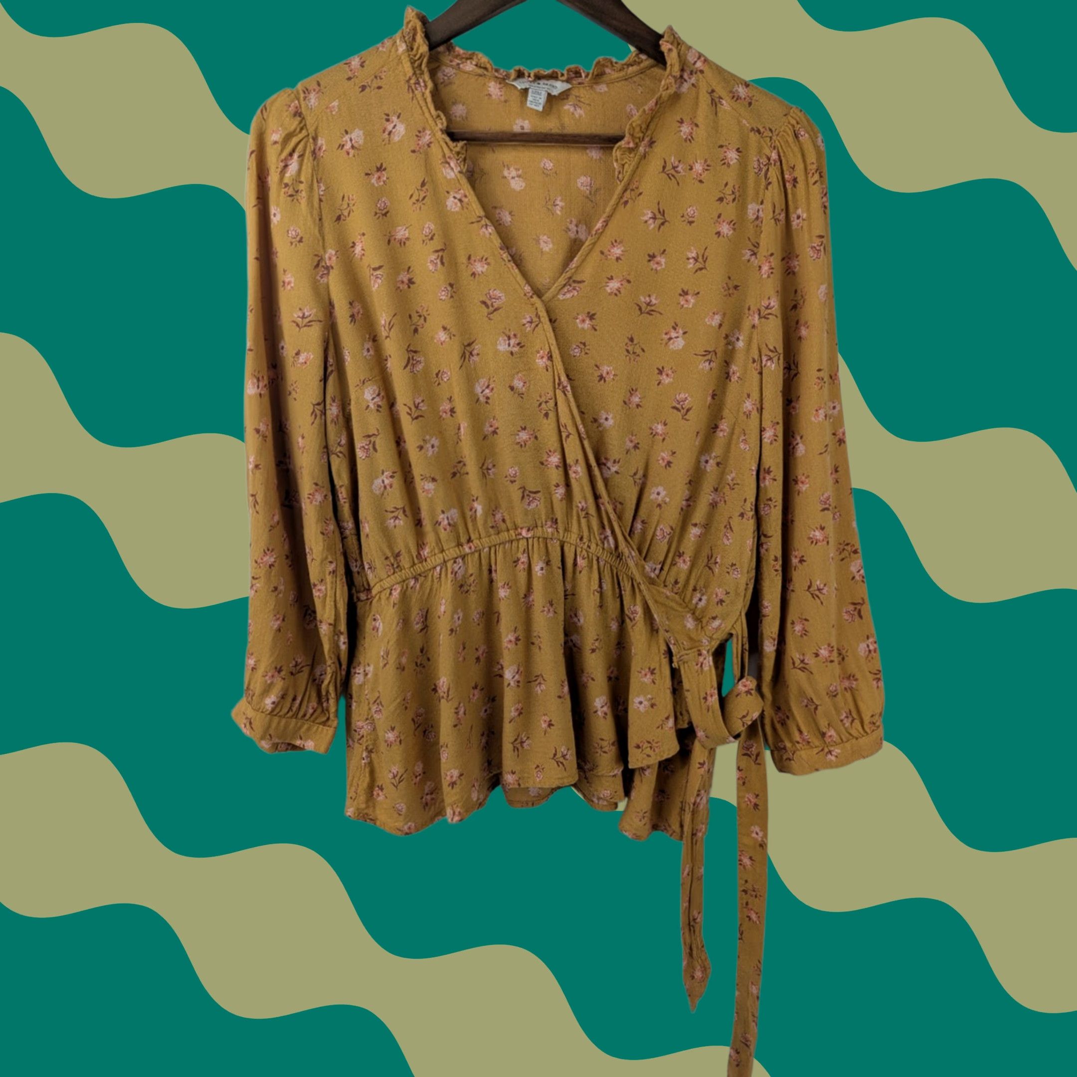 Lucky Brand Lucky Brand Mustard Yellow Floral Wrap Tie Ruffle V-Neck Long Sleeve Blouse M Womens Blouse Bohemian Pink Size M / US 6-8 / IT 42-44 - 1 Thumbnail