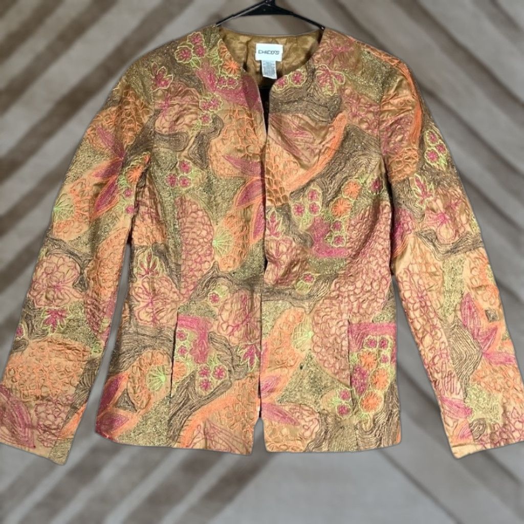 Vintage Chicos Jacket Orange Brown Floral Embroidered Hook & Eye Closure S Womens Mid-Length Regular Jacket Womens Size S / US 4 / IT 40 - 1 Thumbnail