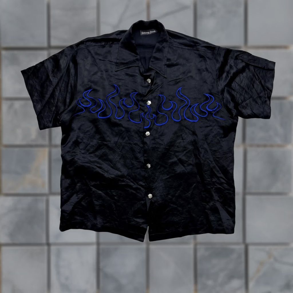 Vintage VINTAGE Johnny Suede Shirt Mens 2XL Black Satin Flame Embroidered Rock USA Button Up Size US XXL / EU 58 / 5 - 1 Thumbnail