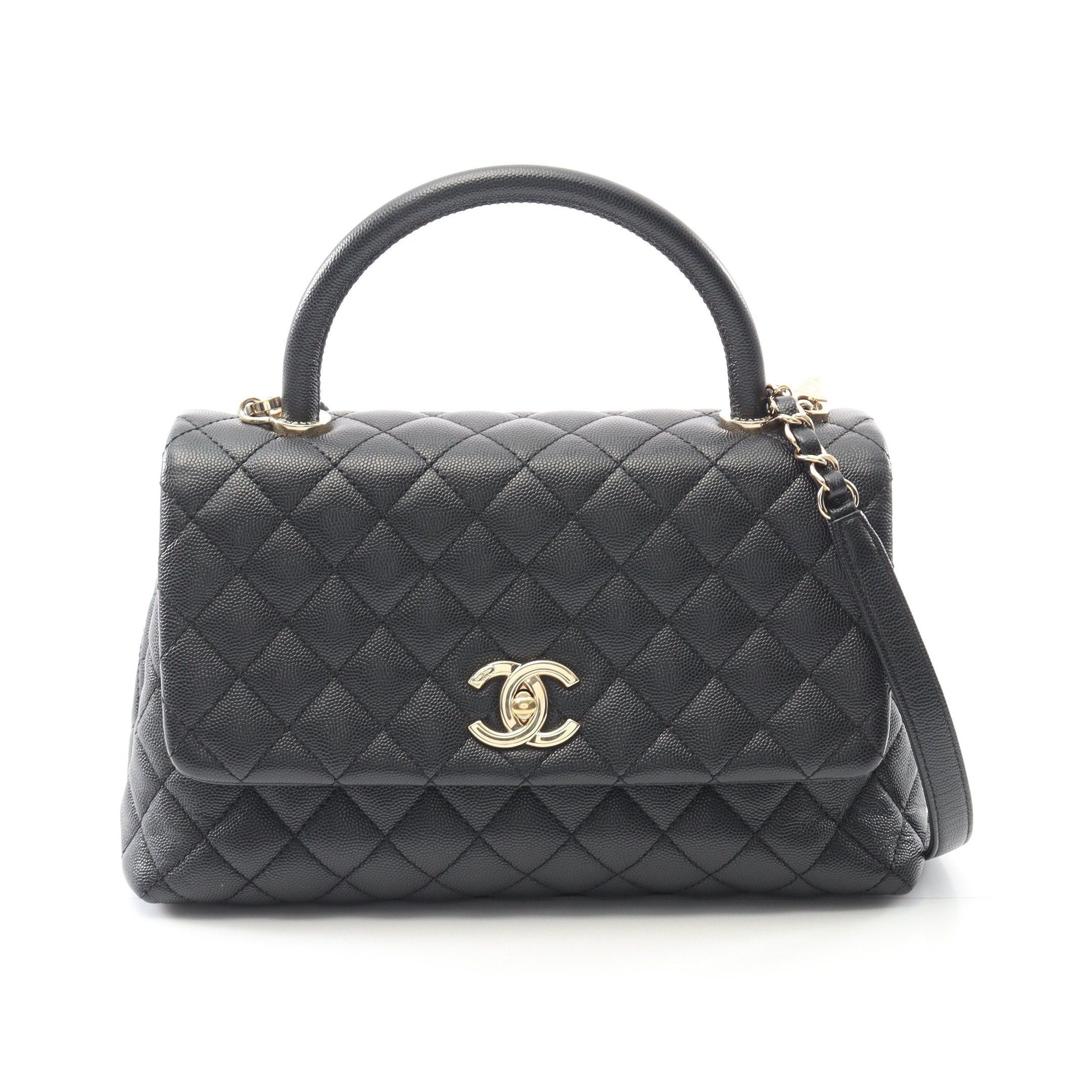 Chanel Coco Handle 29 Top Flap Bag Matelasse Handbag Caviar Skin Black Gold Hardware, Women's