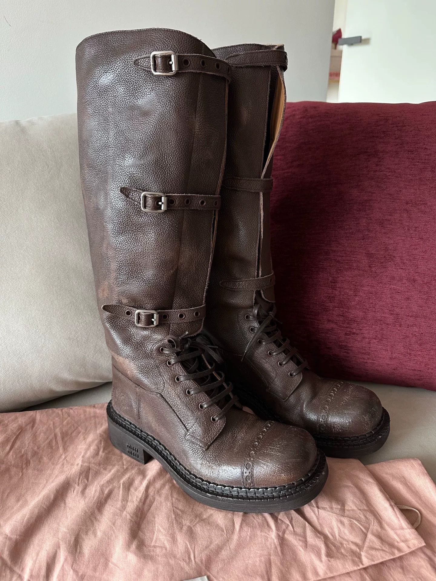 Miu Miu MIU MIU Brown Leather Knee-High Boots Size US 4 / IT 34 - 1 Thumbnail