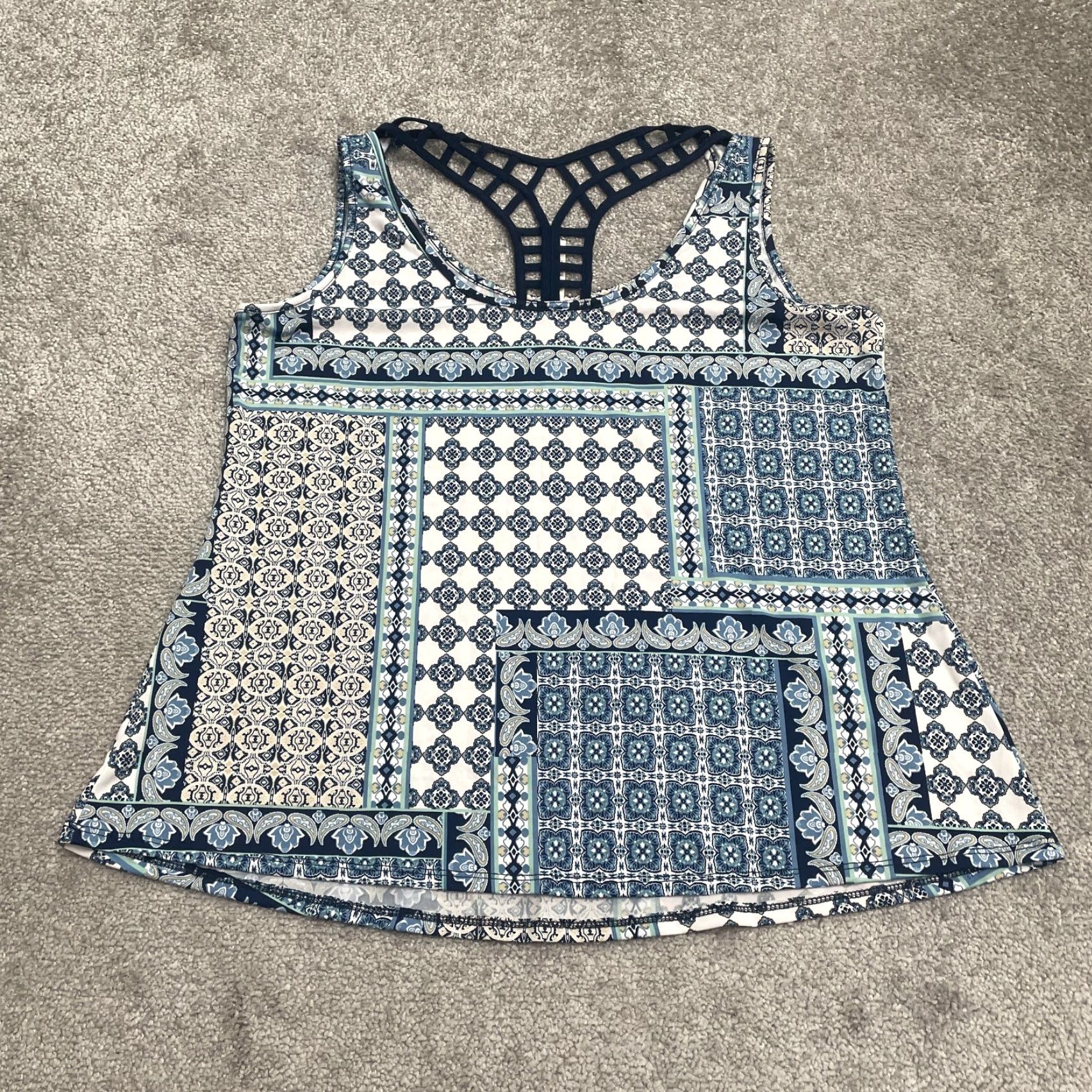 Vintage Perseption Concept Tank Top Women M Blue Geometric Racerback Sleeveless Casual Beach, Classic, Tropical Shirt Mens? Women Size M / US 6-8 / IT 42-44 - 2 Thumbnail