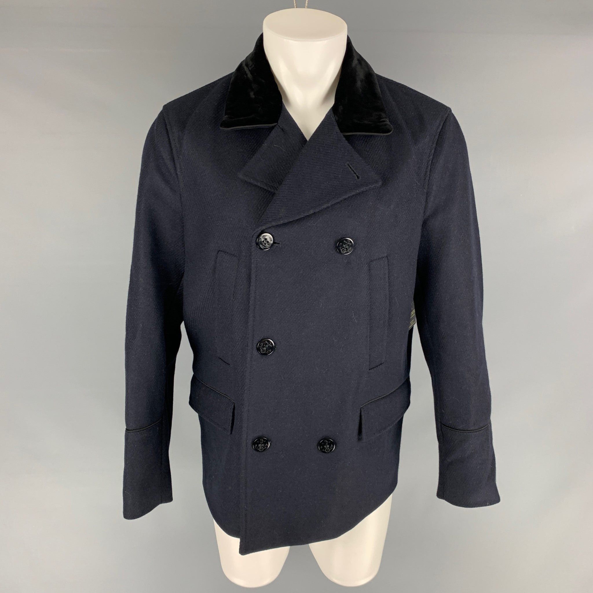 image of The Kooples Navy Solid Wool Blend Peacoat Coat, Men's (Size Medium)