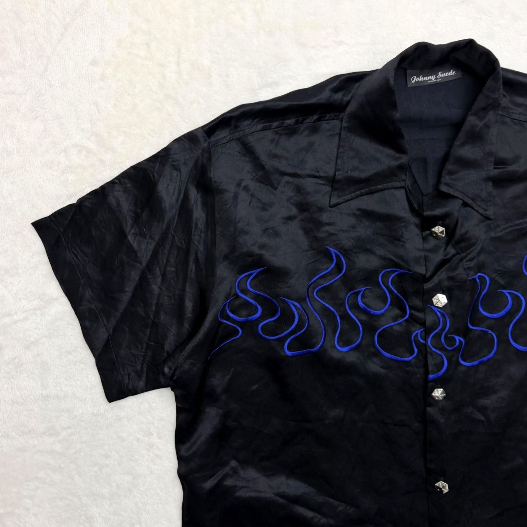 Vintage VINTAGE Johnny Suede Shirt Mens 2XL Black Satin Flame Embroidered Rock USA Button Up Size US XXL / EU 58 / 5 - 5 Thumbnail