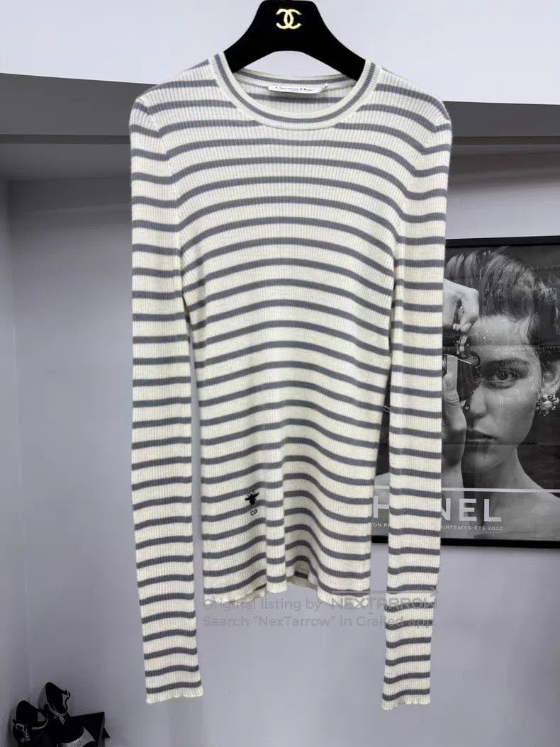 Dior Dior Gray-white striped sweater with long sleeves Size S / US 4 / IT 40 - 1 Thumbnail