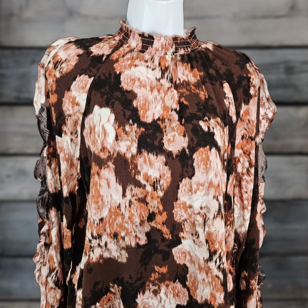 Vintage Maurices Womens Top Medium Pink Brown Split Sleeves High Neck Rayon Blouse Mens? Size M / US 6-8 / IT 42-44 - 1 Thumbnail