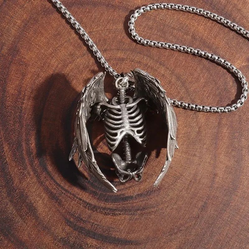 Jewelry Gothic Wing Pendant Half Body Skull Necklace Size ONE SIZE - 3 Thumbnail