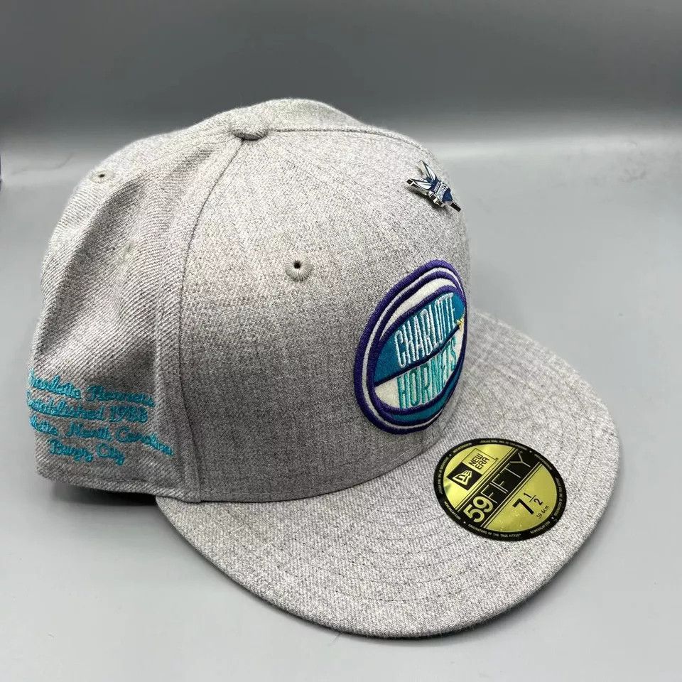 New Era Charlotte Hornets Hat Men 7 1/2 Gray Fitted New with Pin Size ONE SIZE - 3 Thumbnail