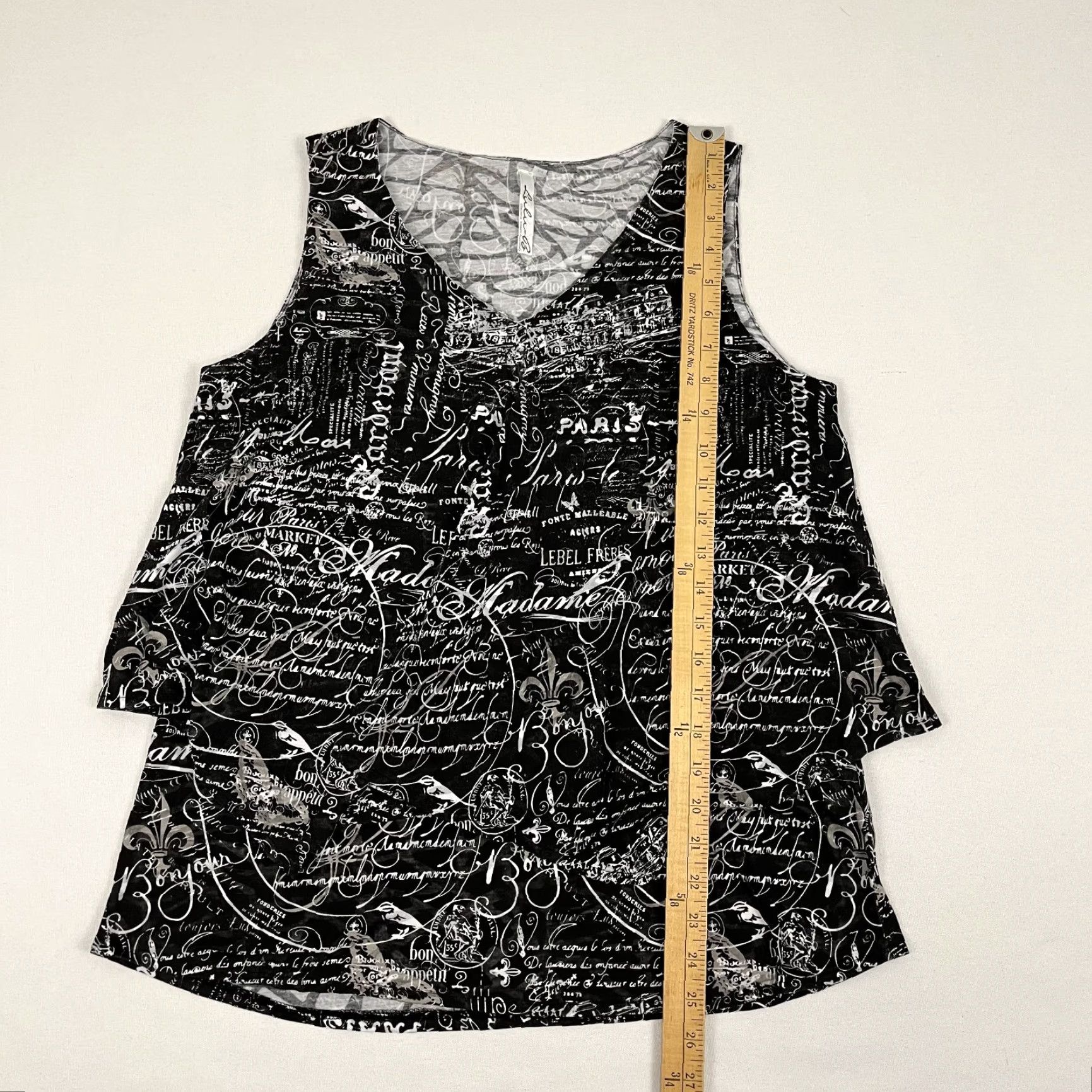 Vintage Lulu B Blouse Womens Medium Black Paris France Print Script Layered V-Neck Shirt Size M / US 6-8 / IT 42-44 - 3 Thumbnail