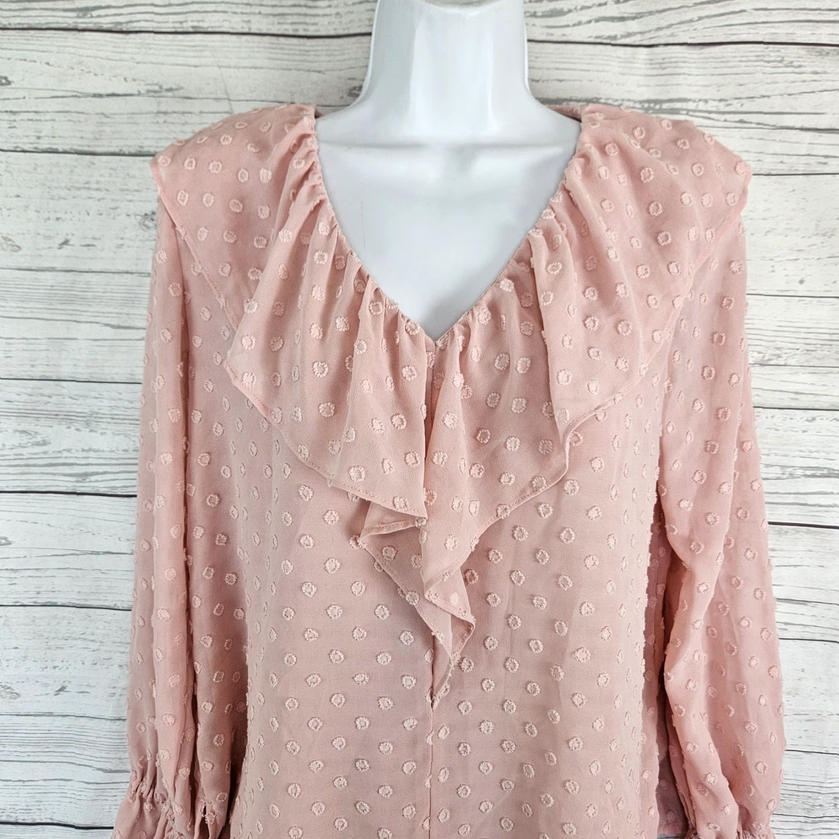 Loft Ann Taylor LOFT Womens Top Small Petite Pink Swiss Dot Long Sleeve Ruffle V-Neck Pullover Blouse PS Size S / US 4 / IT 40 - 2 Thumbnail