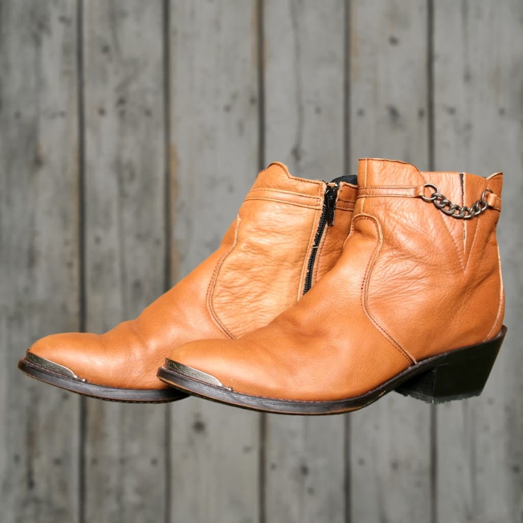 Durango VINTAGE Durango Pecan Leather Side Zip Demi Shaft Chain Ankle Boots Sz. 8.5 M Womens Western Boot Size US 9 / IT 39 - 1 Thumbnail