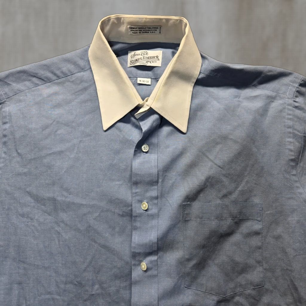 Sears VINTAGE Sears Shirt Mens Button-Up 16 32/33 Blue Long Sleeve Striped Classic 90s Theme Pockets Collared Size US L / EU 52-54 / 3 - 1 Thumbnail