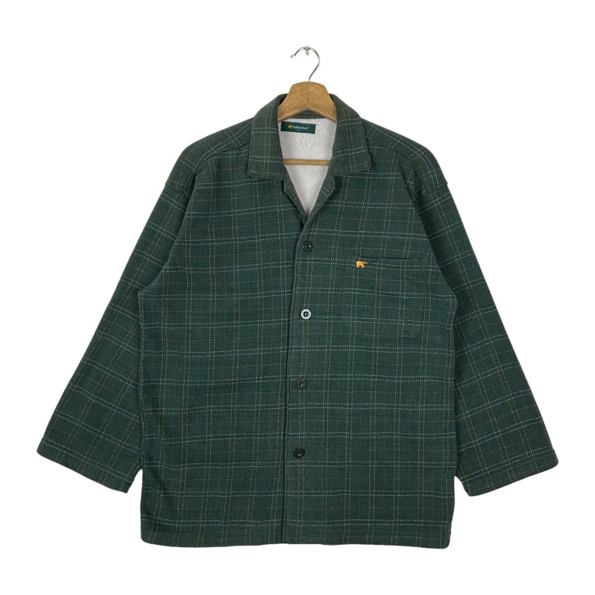 image of Vintage Golden Bear Mini Embroidered Logo Button Up Plaid in Green, Men's (Size Small)
