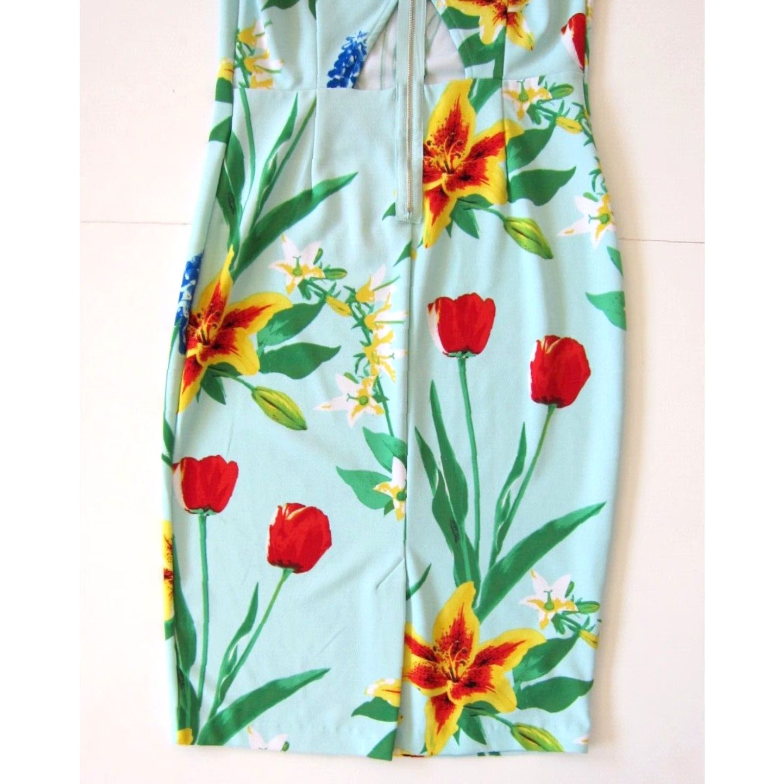 Vintage New York & Company Stretch Sleeveless Sheath Dress S Blue Tulip Flower Midi Dress Size S / US 4 / IT 40 - 7 Thumbnail