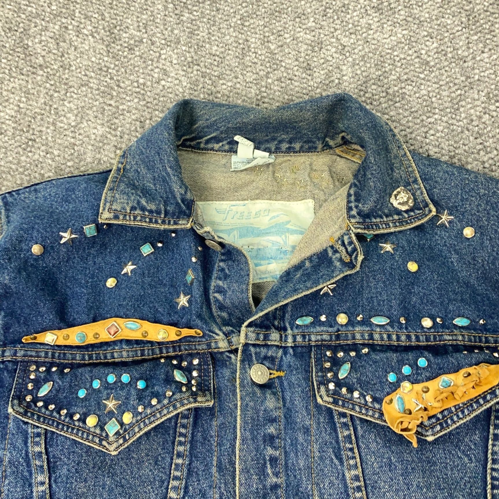 Denime VINTAGE freego Jacket Womens M Blue Rodeo Southwestern 90s Aztec Western Beaded Studded Collared Pockets Denim Size M / US 6-8 / IT 42-44 - 3 Thumbnail