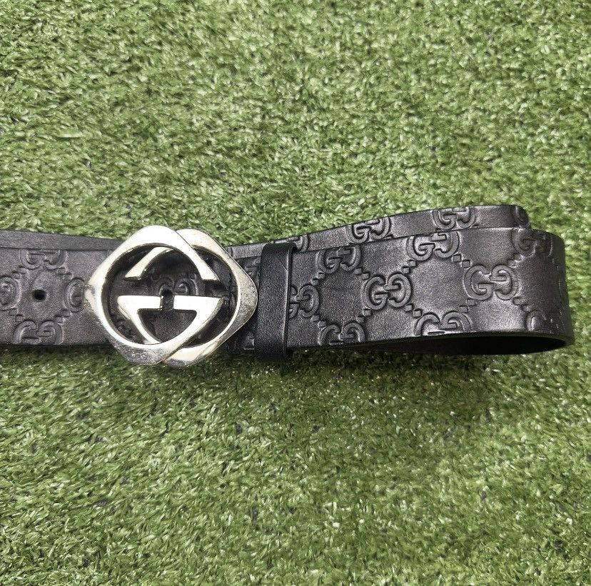 Gucci Authentic Gucci Black Monogram Leather Silver Belt 105/42 Size 42 - 2 Thumbnail