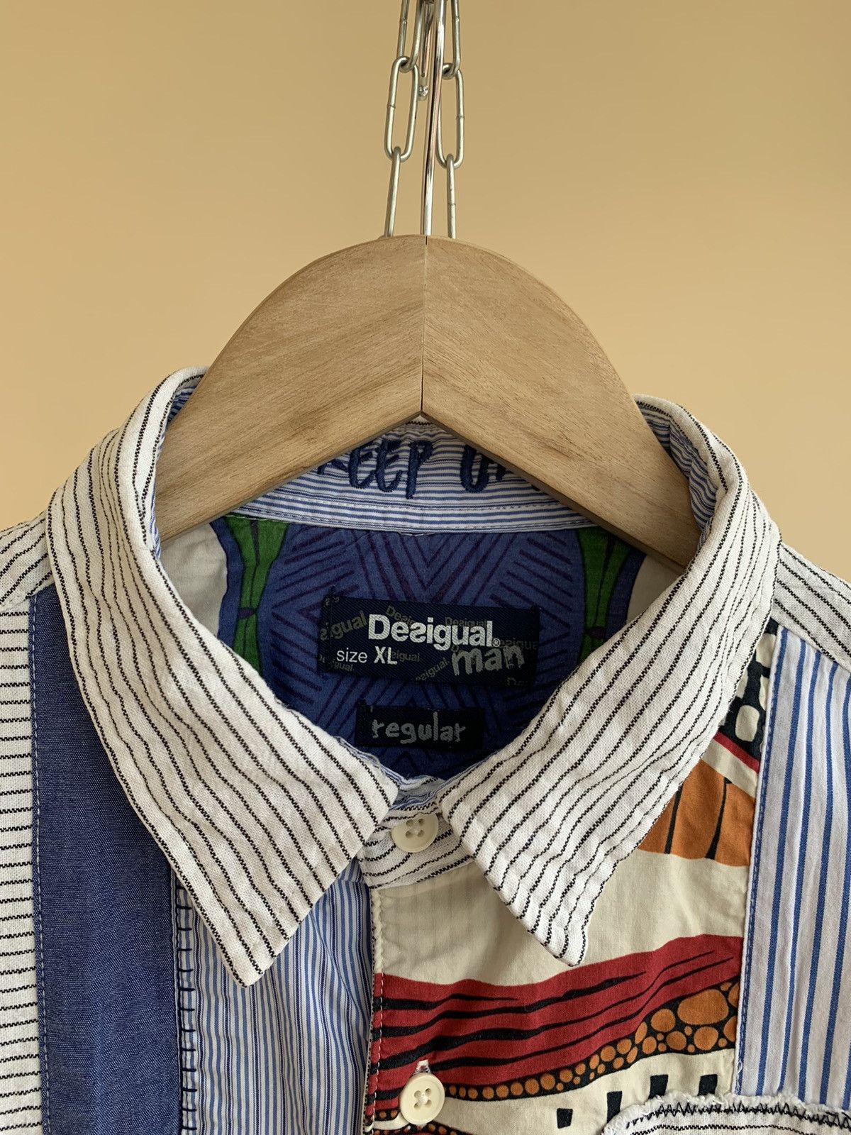 Desigual Salsa Slim Fit Patchwork Madras Striped Short Sleeve Shirt Size US XL / EU 56 / 4 - 4 Thumbnail