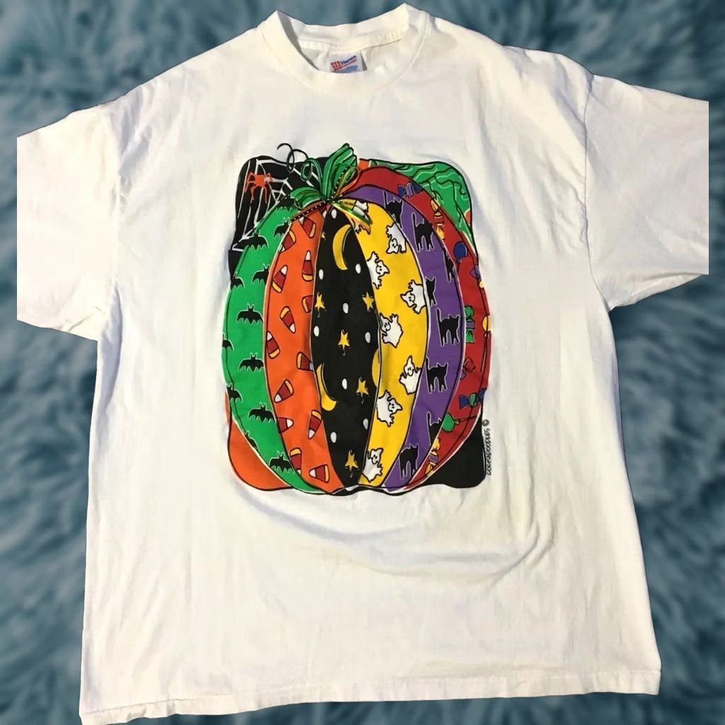 Hanes VINTAGE 90s Halloween Shirt Hanes White 2XL Graphic Tee Ghost Pumpkin Candy Corn Bats Single Stitch Mens Size US XXL / EU 58 / 5 - 1 Thumbnail