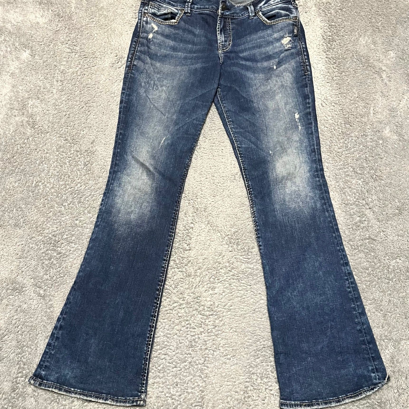 Silver Jeans Co. Silver Jeans Elyse Boot Blue Western Contrast Stitch Womens 30 Regular 34x32.5 Bootcut Jeans Women Size 30" / US 8 / IT 44 - 4 Thumbnail