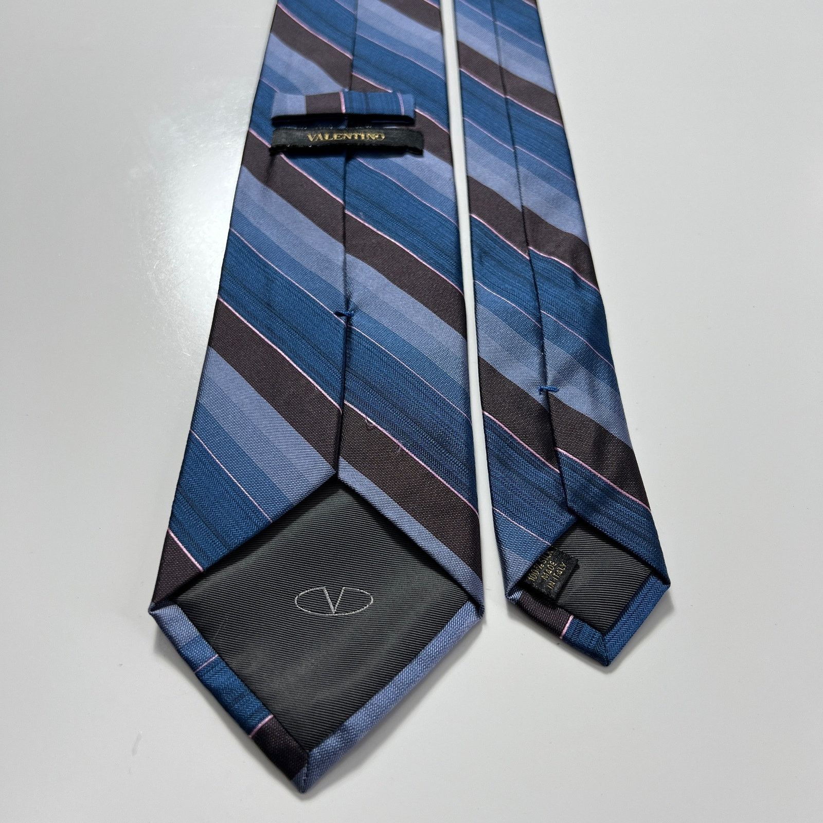 Valentino Valentino Mens Tie Blue Grey 100% Silk Woven Striped Necktie Size ONE SIZE - 2 Thumbnail
