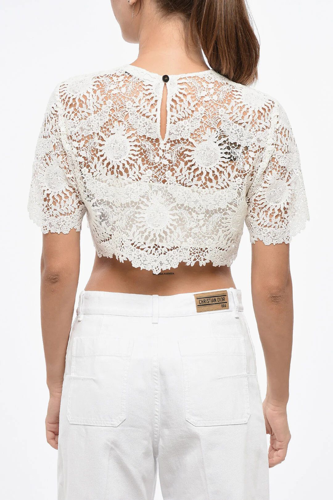 Dior o1mm0326 Cotton-Blend Short-Sleeve Macramé Crop Top in White Size S / US 4 / IT 40 - 2 Thumbnail